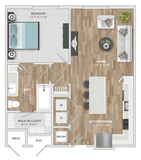Floor plan for 1 bed, 1 bath, 746 sqft